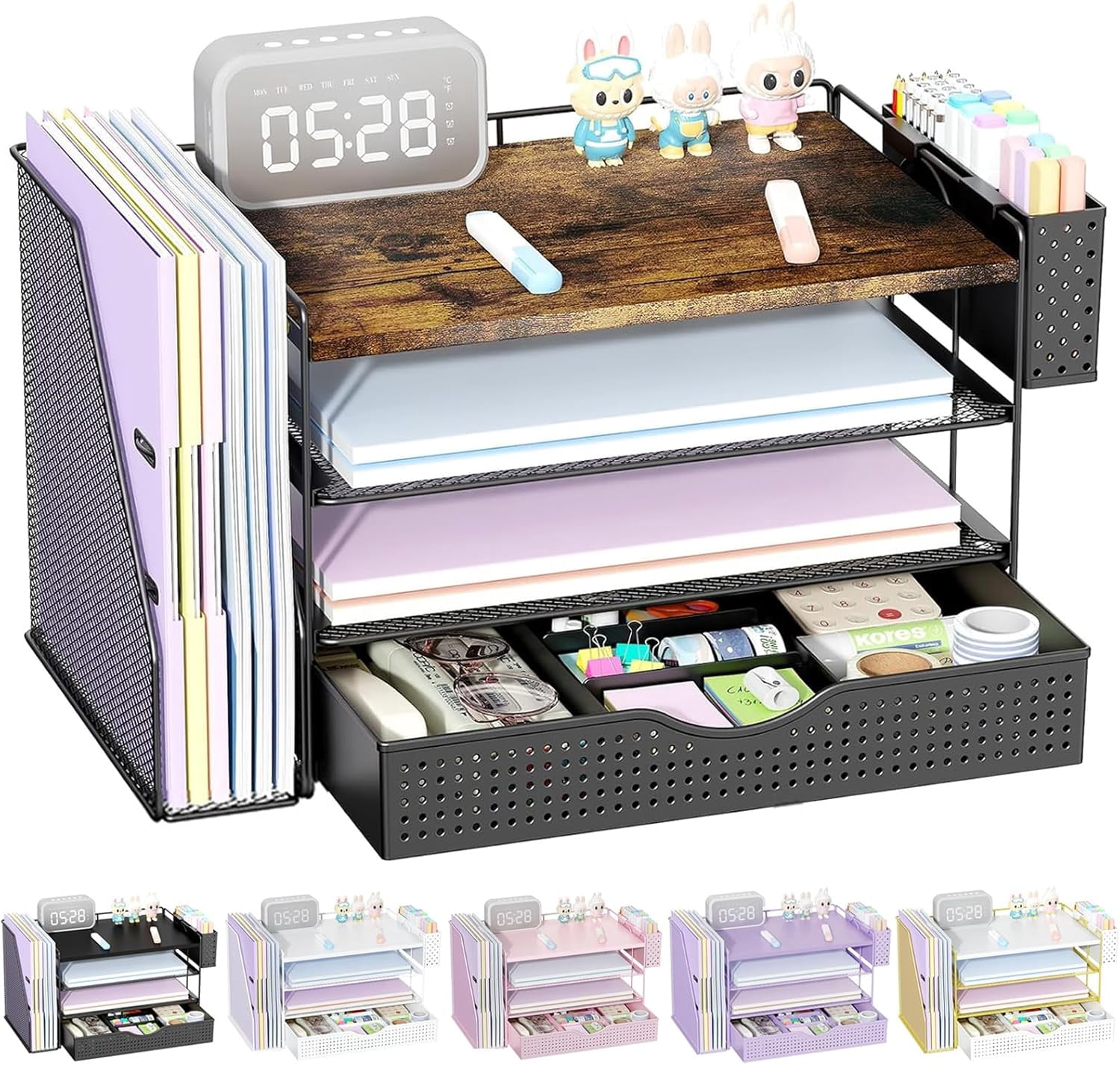 Wood Desk Organizers and Accessories with File Holder, 4-Tier & Workspace Drawer Pen Reference Organizer (Wood, 4T Drawer)