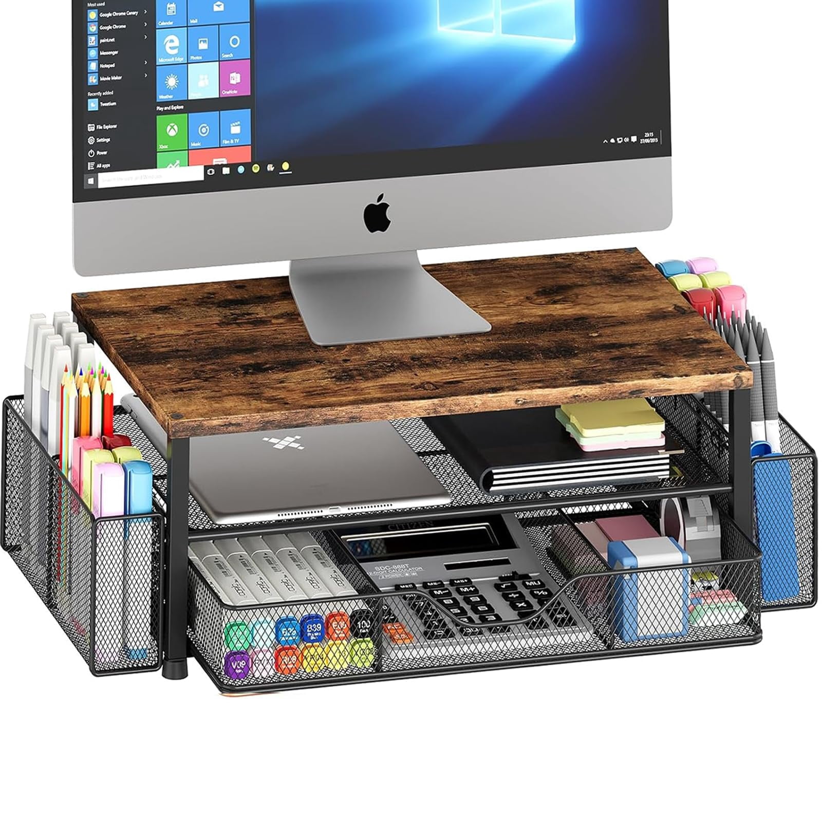 Wood Desk Organizers And Accessories  2-tier Computer Monitor Stand Riser With Drawer 2 Pen Holders Laptop Office For Supplies Brown
