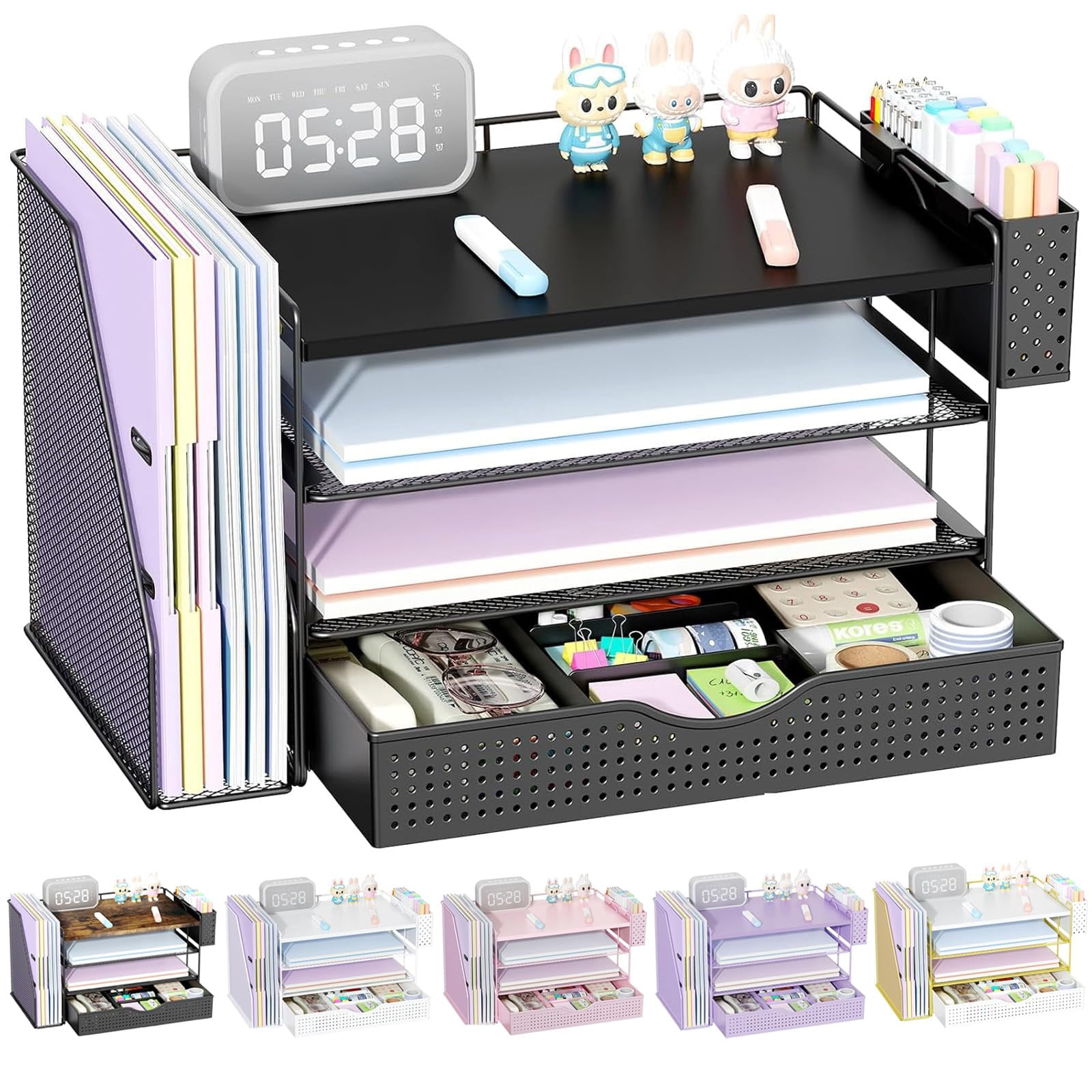 Wood Desk Organizers And Accessories With File Holder  4-tier & Workspace Drawer Pen Paper Organizer For Office Supplies (black)