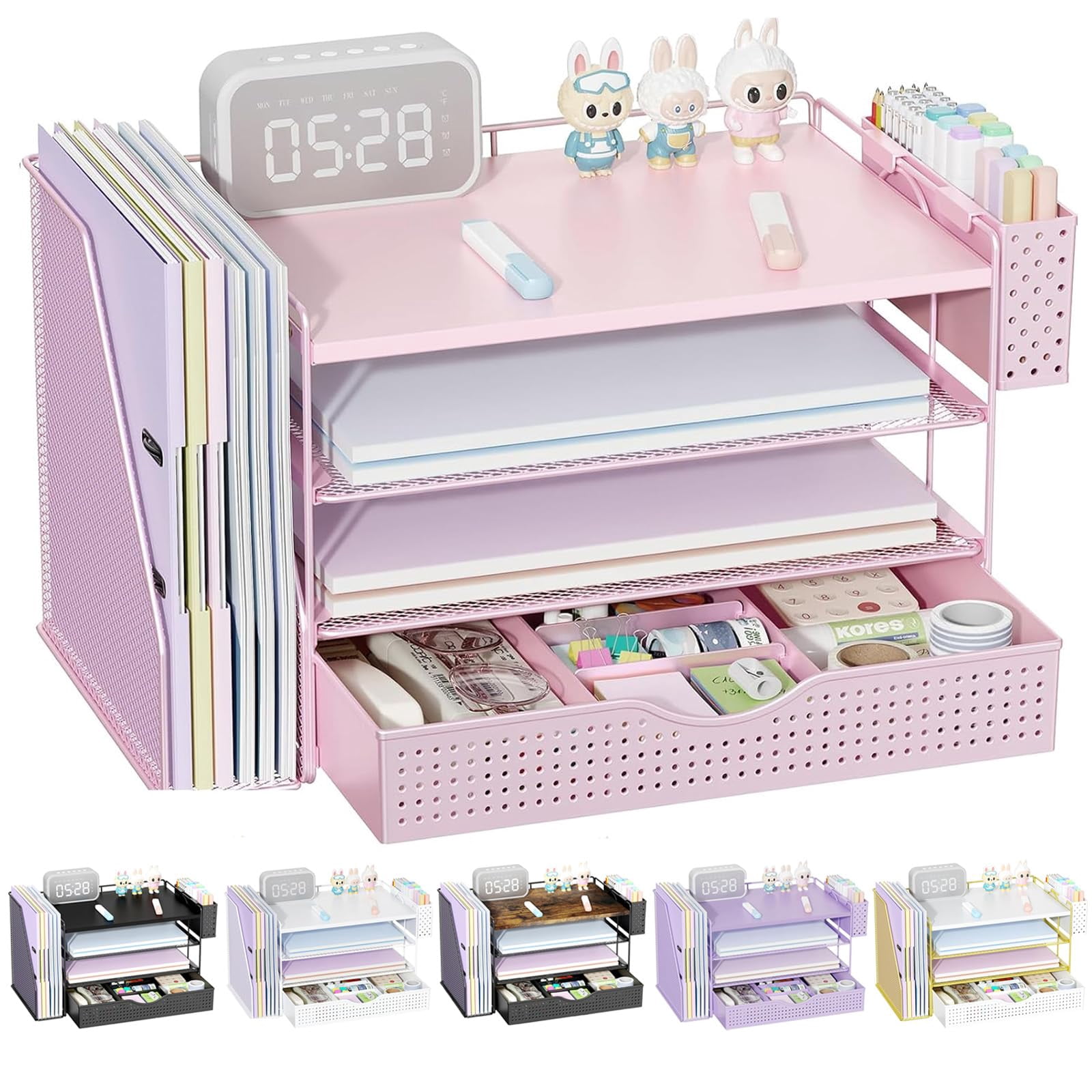 Wood Desk Organizers And Accessories With File Holder  4-tier & Workspace Drawer Pen Paper Organizer For Office Supplies (pink)