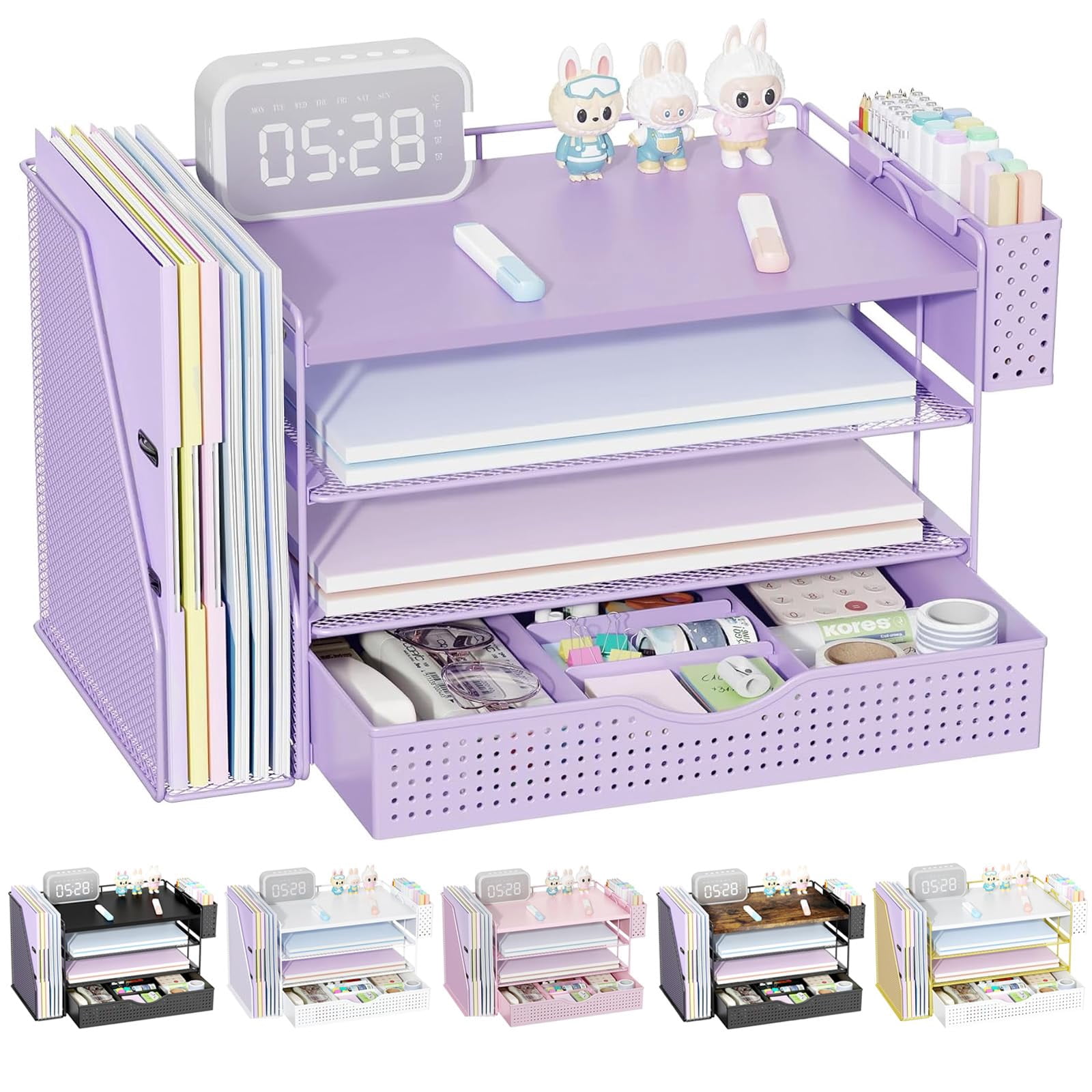 Wood Desk Organizers And Accessories With File Holder  4-tier & Workspace Drawer Pen Paper Organizer For Office Supplies (purple)