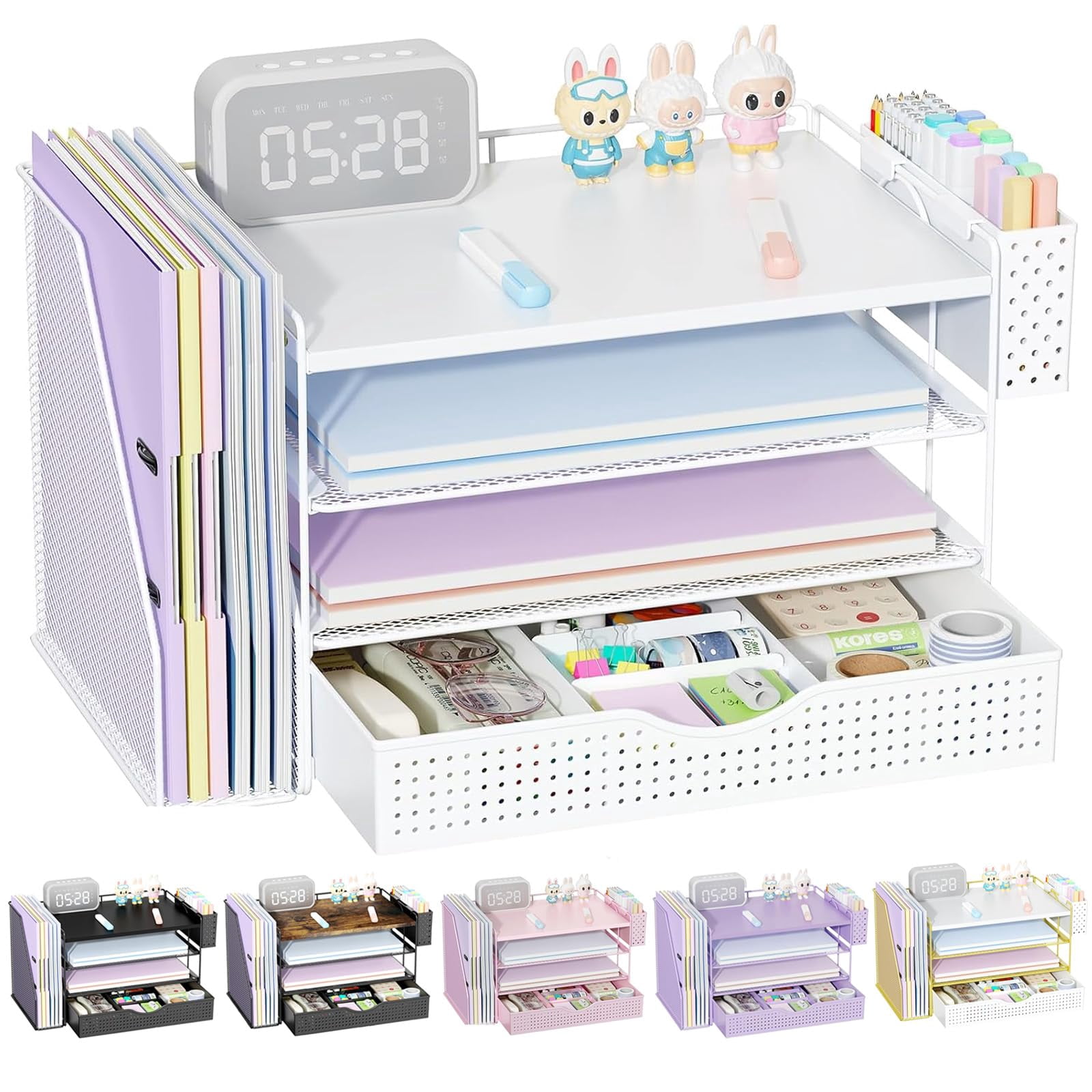 Wood Desk Organizers And Accessories With File Holder  4-tier & Workspace Drawer Pen Paper Organizer For Office Supplies (white)