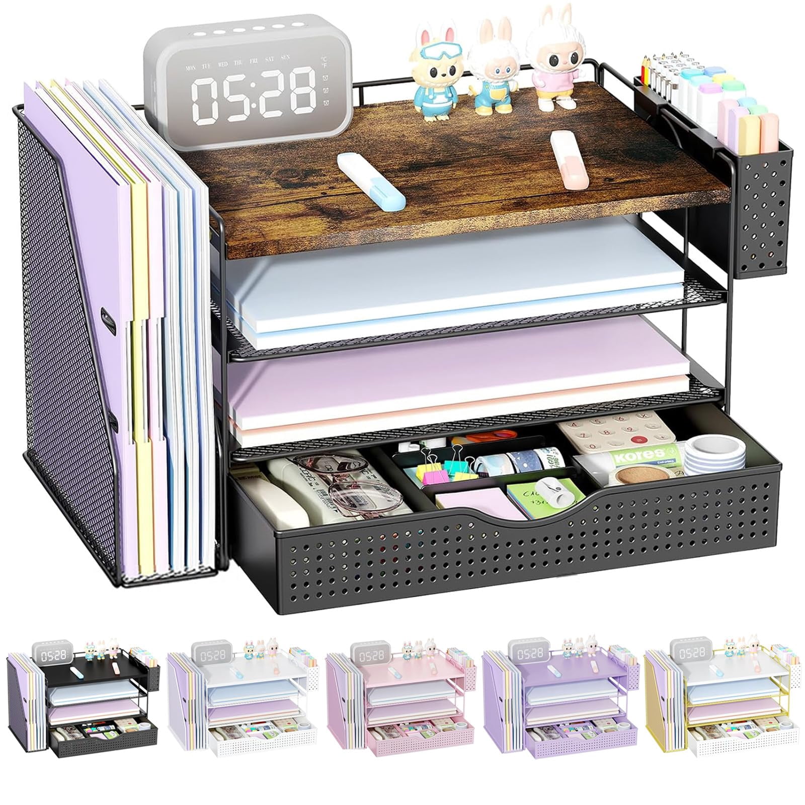 Wood Desk Organizers And Accessories With File Holder  4-tier & Workspace Drawer Pen Reference Organizer (wood)