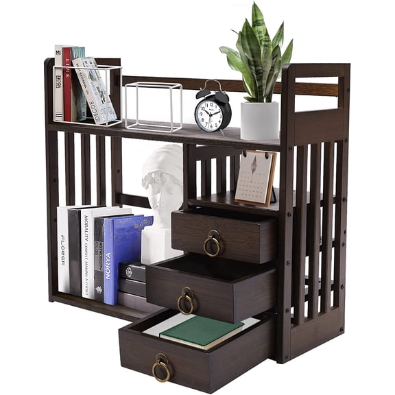 Wood Desktop Bookshelf, Bamboo Desk Organizer with 3 Drawers, Office Storage Rack, Desktop Display Shelf, Tabletop Storage Container with Drawers, for Office Dorm Bedroom Sturdy