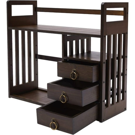 Wood Desktop Bookshelf, Bamboo Desk Organizer with 3 Drawers, Office Storage Rack, Desktop Display Shelf, Tabletop Storage Container with Drawers