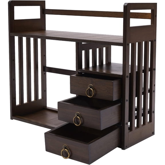 Bamboo Bookshelf Desktop Organizer Desk Rack Storage Shelves w/3 Drawers Office,Counter Top Bookcase for Office Supplies and Home Decor