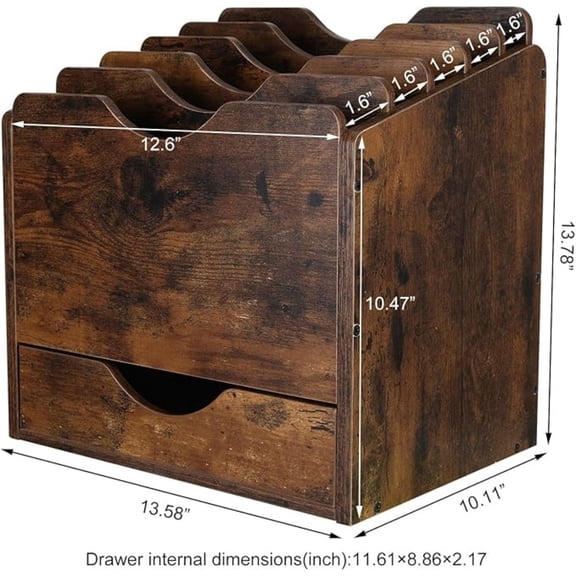 Wood Desktop File Holder Organizer Mail Sorter with Drawer, for File Folders, Mails, Envelopes, Mailing Supplies or Magazines, 6 Compartments, Antique Brown