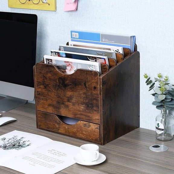 Wood Desktop File Holder Organizer Mail Sorter with Drawer, for File Folders, Mails, Envelopes, Mailing Supplies or Magazines, 6 Compartments, Antique Brown