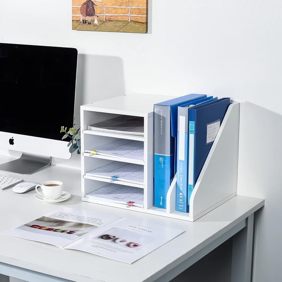 Wood Desktop File Holder Organizer Mail Sorter, White, 15.35" W x 12.16" D x 11.81" H