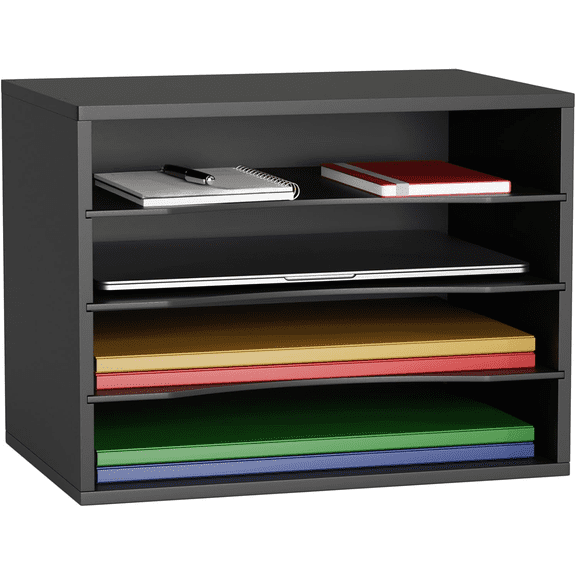 Wood Desktop Letter Tray File Organizer, Paper Storage Mail Sorter with 3 Adjustable Drawer Boards for Home and Office, Black$$Office