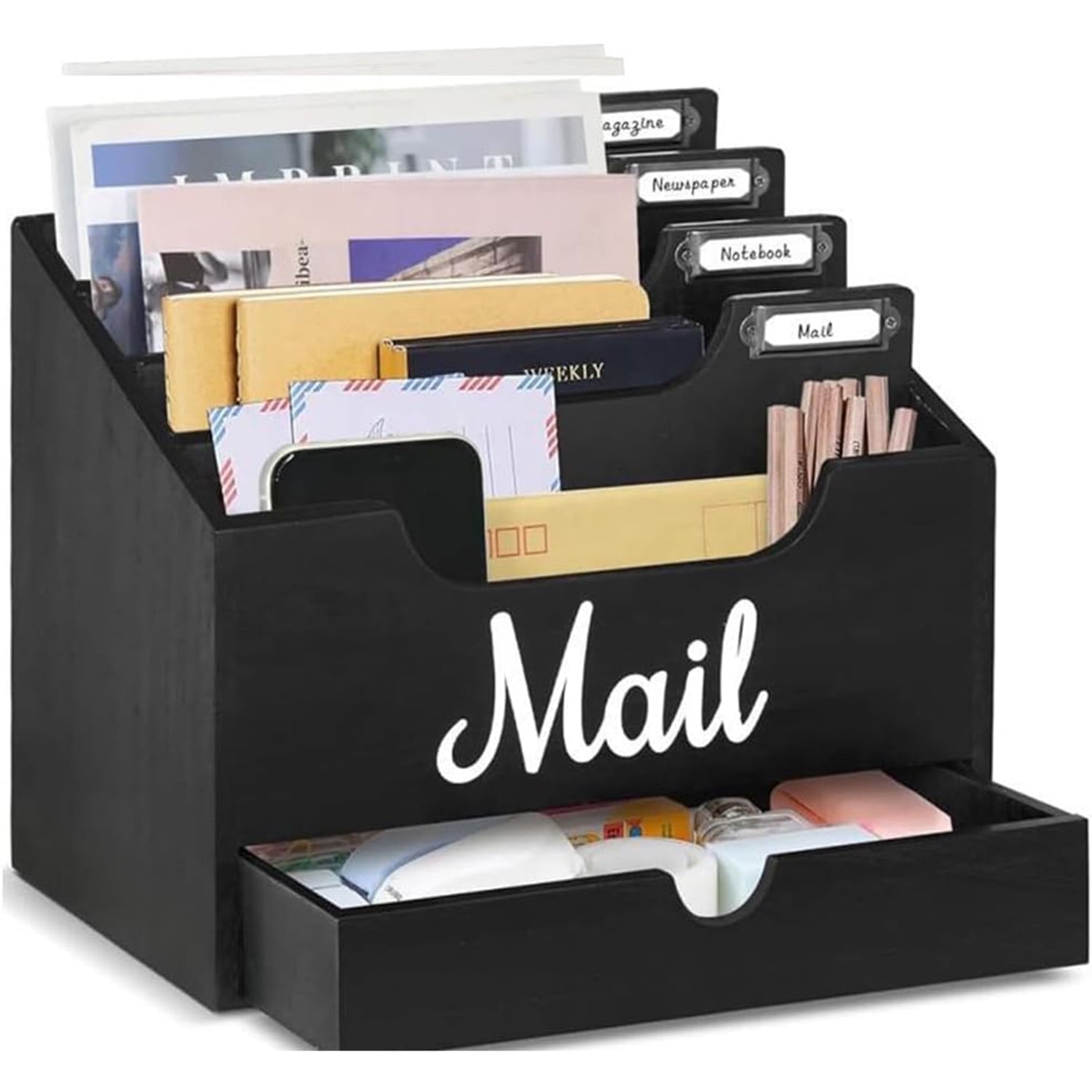 Wood Desktop Mail Organizer, Mail Organizer Countertop with 4 Compartments and Drawer for File Letter Paper Folder