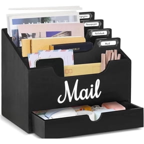 Wood Desktop Mail Organizer, Mail Organizer Countertop with 4 Compartments and Drawer for File Letter Paper Folder