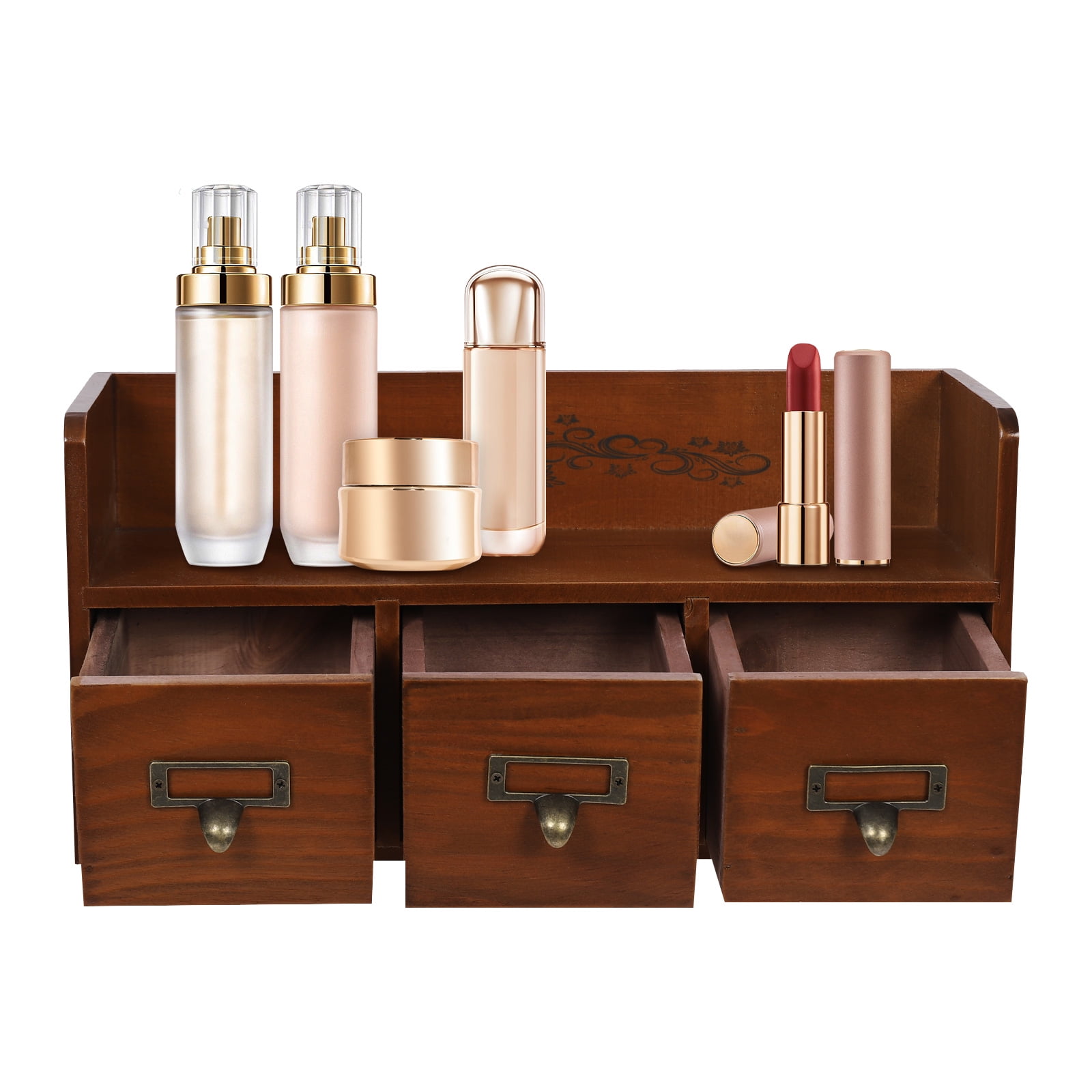Wood Desktop Organizer with 3 Drawers, Desk Drawer Cabinet with Top Shelf Tabletop Desk Storage Drawers Vintage Supplies Organizer Brown for Bedroom Living Room Office