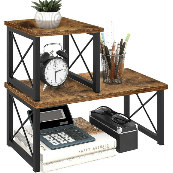 Wood Desktop Shelf, 2 Tier Adjustable Small Bookshelf Organizer, Freestanding Stackable Desk Stand, Storage Organizers, Kitchen Counter Display Rack, Rustic Brown
