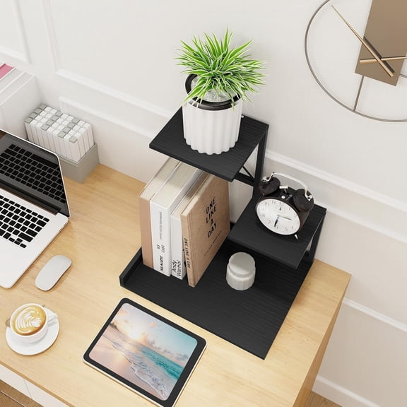 Wood Desktop Shelf, 3 Tier Desk Shelves + Printer Stand, Small Bookshelf Organizer, Printer Riser Stands, Office Storage Rack and Cubicle Organizers Accessories for Dorm Office Home, Black