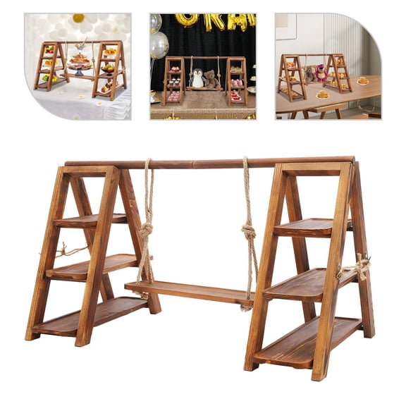 Wood Dessert Stand, 3 Tier Cupcake Stand with Swing with Double 3-Layer Trays Thickened Bracket Triangular Structure and Easy to Move Store Dessert Wooden Foldable Stand for Weddings Anniversaries
