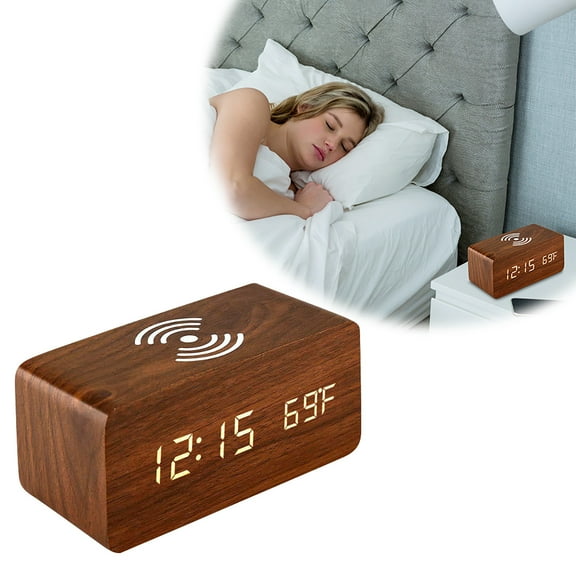 Wood Digital Alarm Clock Desk Time, Date, Day of The Week, Temperature, Nightlight Large LED Display,For Wireless Charging Board In Bedroom Office And Home