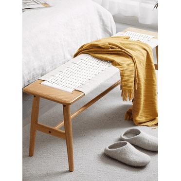 Wood Dining Bench,Entry Bench,Skinny Bench,Bed Bench with Rattan Finish Design,Wood Bench for Dining Room, Bedroom, Bathroom，Natural Oak Solid Wood Furniture (Oak+White)