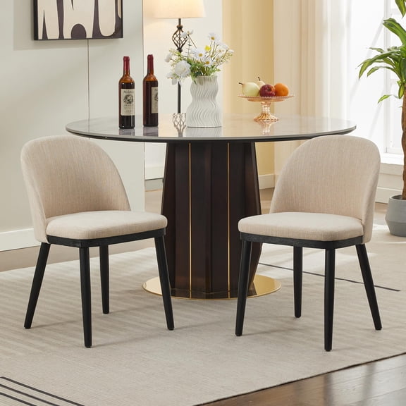 Wood Dining Chairs Set of 2, Upholstered Linen Fabric Dining Chairs with Curved Backrest and Adjustable Foot Pads, Modern Kitchen and Dining Room Chairs for Dining Room, Living Room, Beige