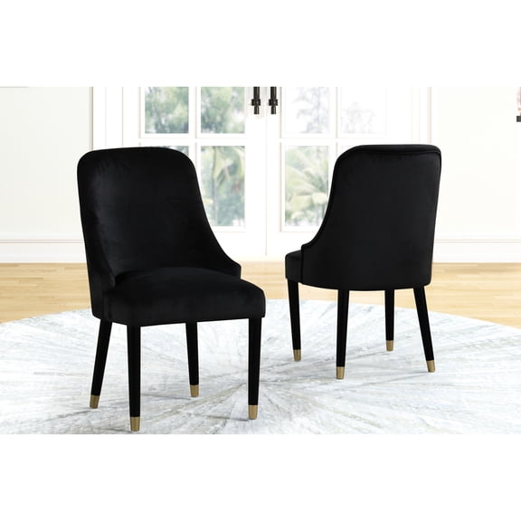 Wood Dining Chairs With Fully Upholstered Seat And , Black Gold Accent, 2pc Chairs, Velvet Upholstery, Contemporary Design