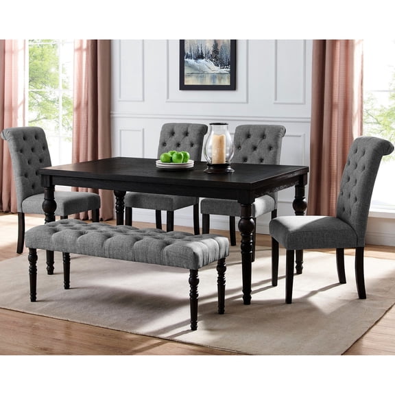 Wood Dining Set for Home | Enhances Dining Experience | Wood Frame with Wire - Brushed Turned Legs | Button - Tufted Bench Seats