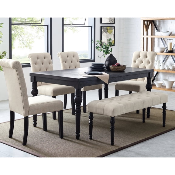 Wood Dining Set with Chair and Bench | Used in Dining Rooms | Solid Rubberwood Table Top | Button Tufted Upholstered Seats