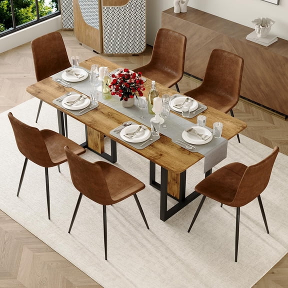 TesNus 7 Piece Glam Wood Dining Table with Chair Set with Thick Cushion Upholstered Chairs, Brown