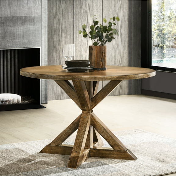Wood Dining Table With Cross-buck Base, Cottage Color, 48"w X 48"l 31.5"h, Oak Finished Hardwood, Brown