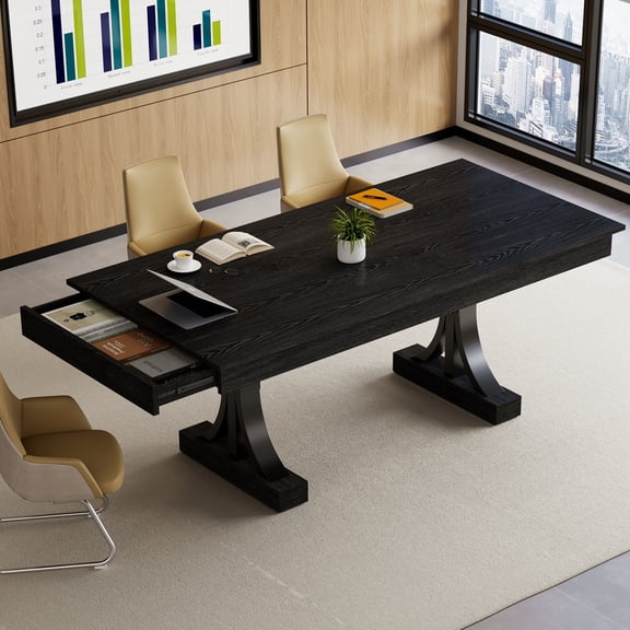 Wood Dining Table for 6-8 with 2 Large Drawers – 70.87" Long Farmhouse Rectangular Table, Thick Table Top, Sturdy Frame for Big Family
