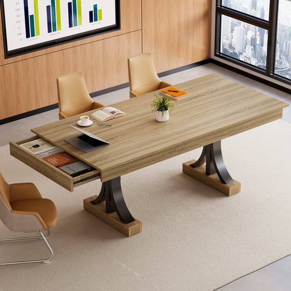 Wood Dining Table for 6-8 with 2 Large Drawers – 70.87" Long Farmhouse Rectangular Table, Thick Table Top, Sturdy Frame for Big Family