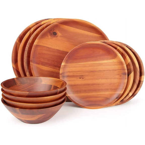 Wood Dinnerware Set 12pcs Acacia Wood Tableware Set, Dishes Set for 4