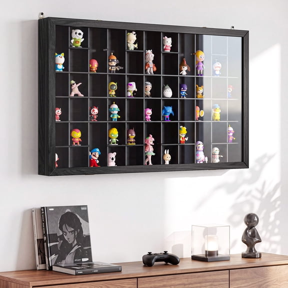 Wood Display Case, Wall Mounted Display Cabinet for Figurines Toys With Lockable Acrylic Door, 8 adjustable shelves Most 56 Pieces Capacity