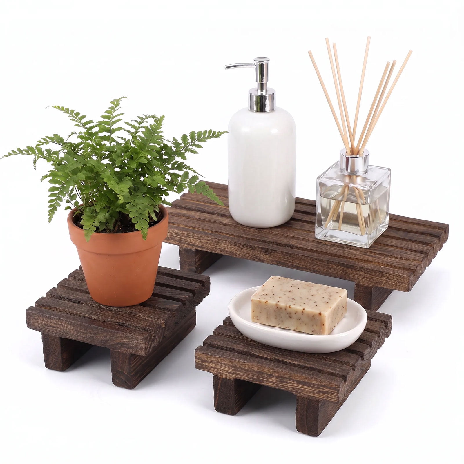 Cc Riser Wood Display Risers, Brown Rustic Pedestal Stand Organizer Tray for ...