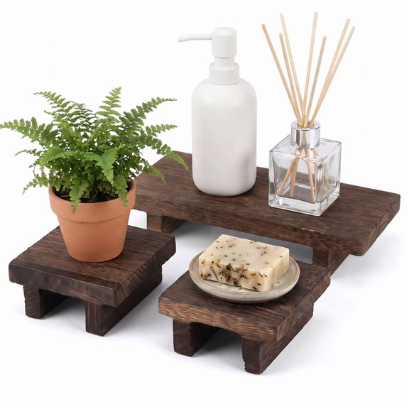 Wood Display Risers, Brown Rustic Pedestal Stand Organizer Tray for Skincare Toiletries Plants Jewelry, Farmhouse Bathroom Decor