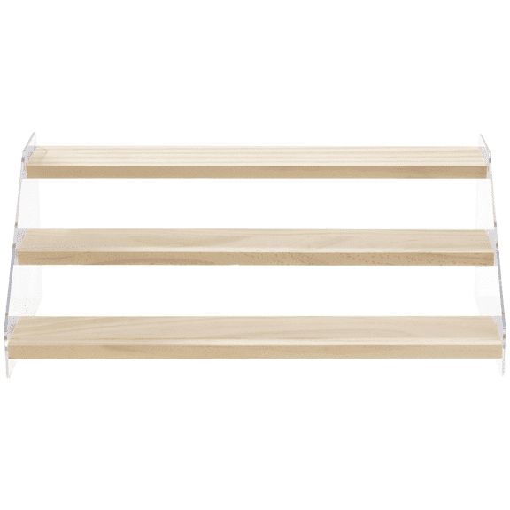 3-Tier Wood Display Stand, Wood and Acrylic Display Riser Shelf, Clear Acrylic Riser with Wooden Shelf for Action Figures Perfume Jewelry Makeup Cupcake Counter Display