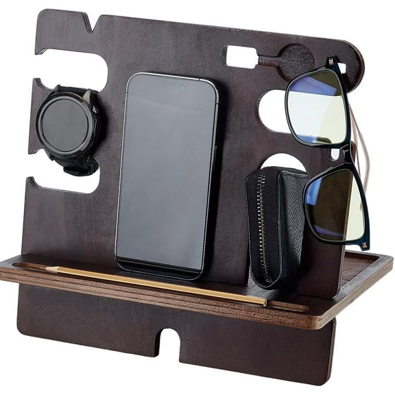 Wood Docking Station Coconut Brown Rustic Nightstand Organizer Table Charging Dock Watch Charging Stand Wallet Key Gadget Device Bedside Holder Gifts for DIY Men Dad Birthday Ideas