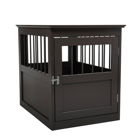 Wood Dog Crate Furniture End Table Designed Dog Kennel with Side Slats Brown