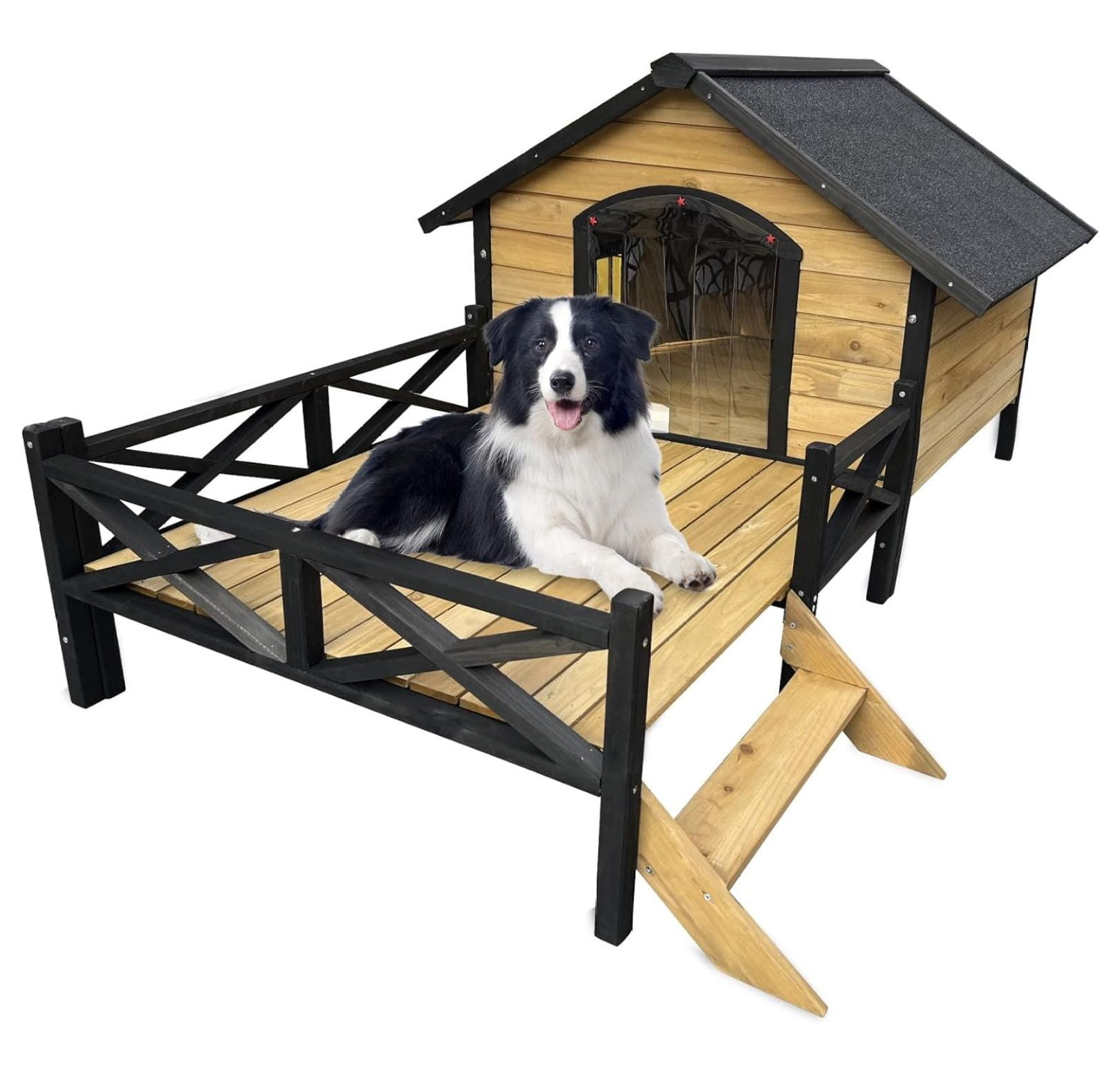 Wood Dog House Outside with Porch, Outdoor Dog House Weatherproof, Dog