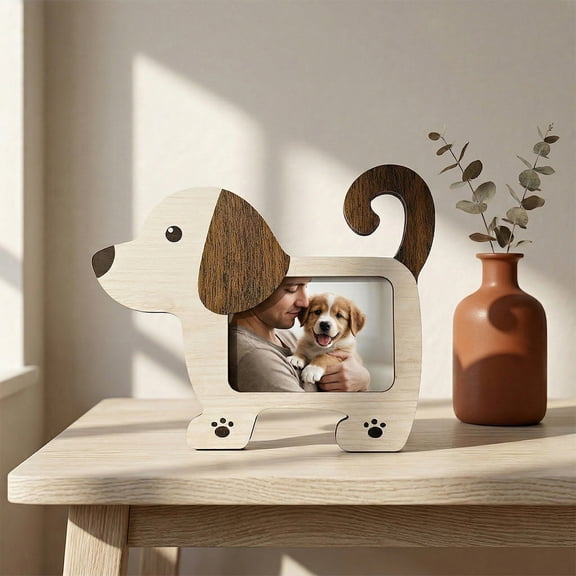 Wood Dog Shaped Pet Photo Frame, 9.84" Tabletop Display for 5x3.5 Horizontal Picture, Rustic Animal Holder for Dog Lovers, The Pet Collection(1 PCS)