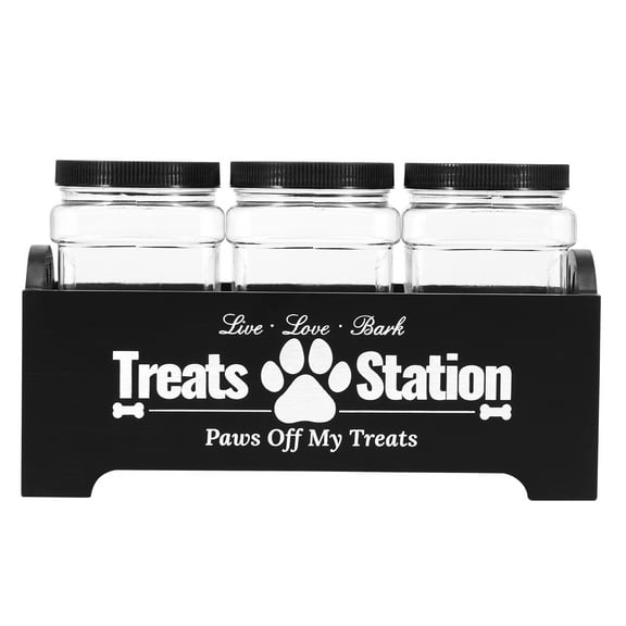 Wood Dog Treat Container with 3 Plastic Dog Treat Jars Cute Dog Food Container Reusable Cat Food Container Decorative Dog Treat Holder for Dog and Cat