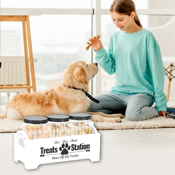 Wood Dog Treat Container with 3 Plastic Dog Treat Jars Cute Dog Food Container Reusable Cat Food Container Decorative Dog Treat Holder for Dog and Cat