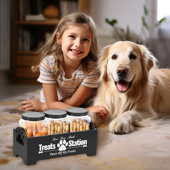 Wood Dog Treat Container with 3 Plastic Dog Treat Jars Cute Dog Food Container Reusable Cat Food Container Decorative Dog Treat Holder for Dog and Cat