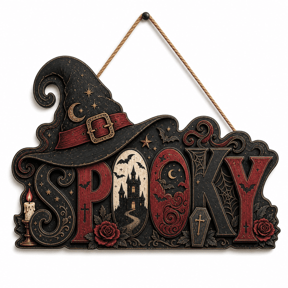 Wood Door Hanger Spooky Witch Hat Wood Front Door Sign for Halloween