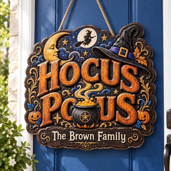Wood Door Sign, Hocus Pocus Personalized Family Name Witch Wall Decor for Halloween