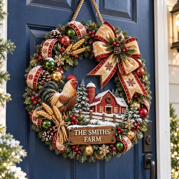 Wood Door Sign, Personalized Chicken Coop Holiday Wreath, Farmhouse Wall Decor for Holiday Gifting