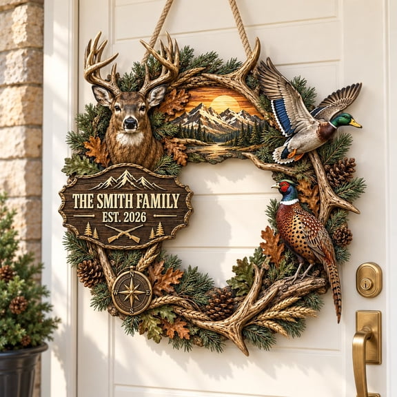 Wood Door Sign, Personalized Family Established Deer and Duck Hunting Wreath, Rustic Wall Decor for Housewarming Gifts