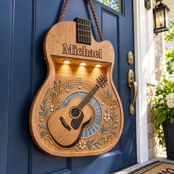 Wood Door Sign, Personalized Guitar and Custom Name DeDoor Sign, Musician Wall Art Decor for Guitar Lovers