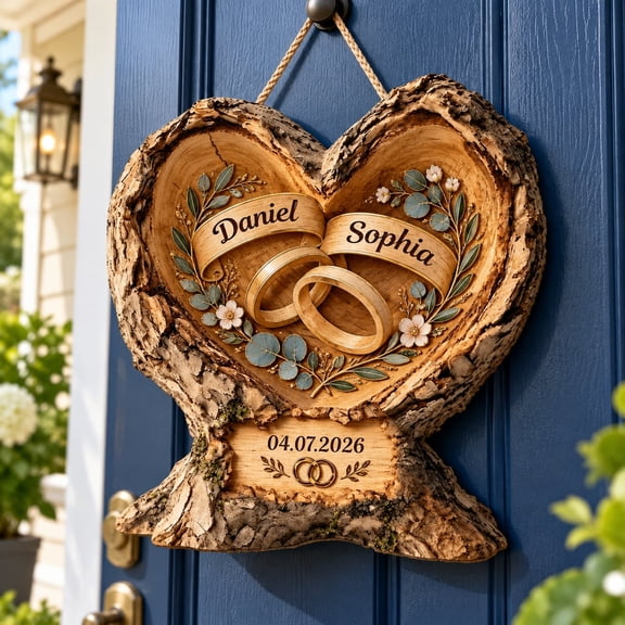 Wood Door Sign, Personalized Wedding Rings and Heart DeDoor Sign, Anniversary Keepsake for Couples