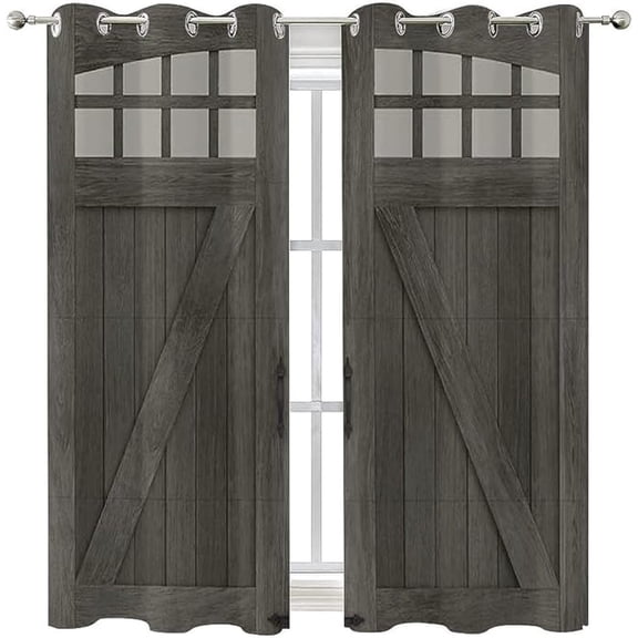 Wood Door Window Curtain, Rustic Farmhouse Wooden Barn Door Wooden Window Curtains, Wooden Barn Door Grommet Drapes For Living Room Bedroom 53"W x 63"L (Pack of 2)