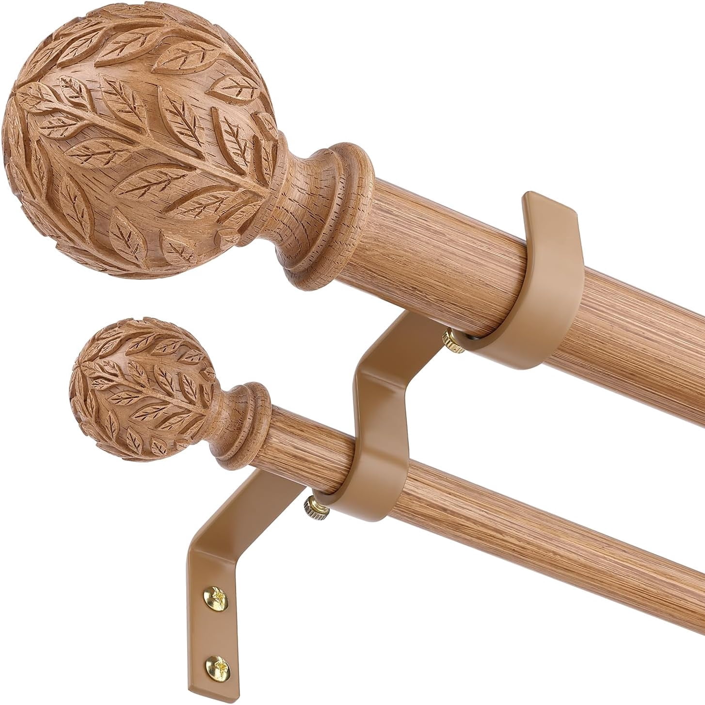 Wood Double Curtain Rod 36-124 Inch, Boho Decorative Long Dual Curtain Rods for Windows, 1 Inch Adjustable Heavy Duty Double Rod, Unique Handmade Imitation Wood Grain Leaf Finial Design